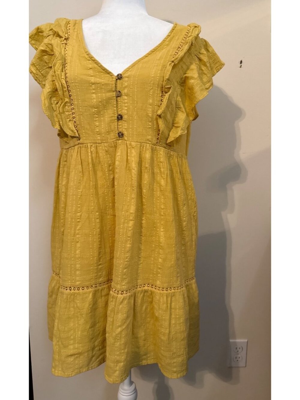 Knox Rose Casual Ruffle Button Front Mustard Mini Dress with Pockets Size M